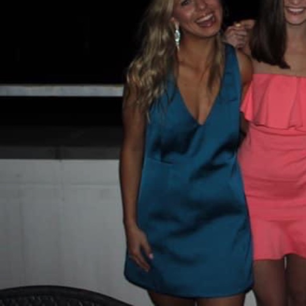 CMEO blue satin structured cocktail dress